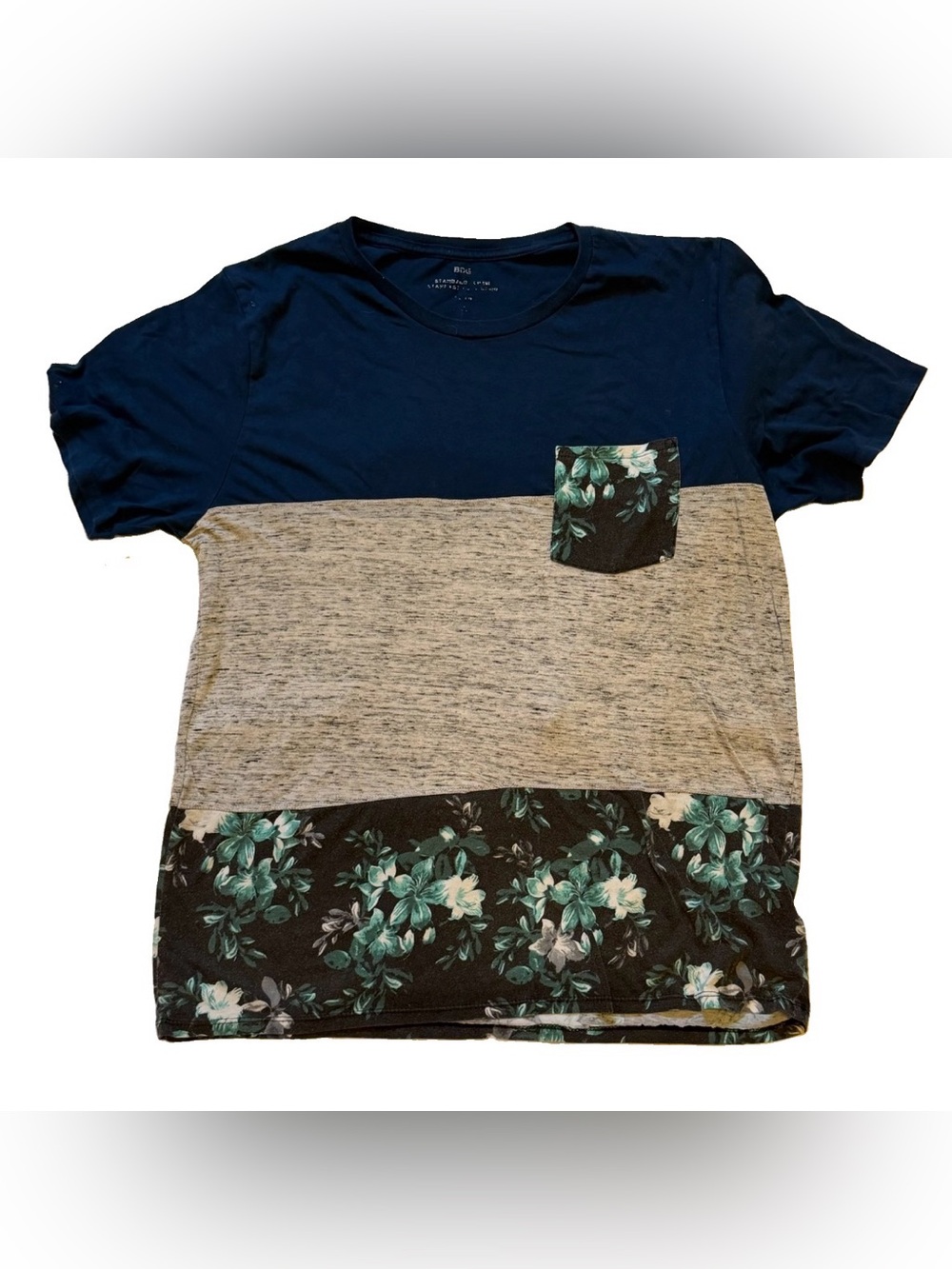 BDG Short-Sleeve Colorblock Tee with Floral Pocket - Navy, Gray, Teal